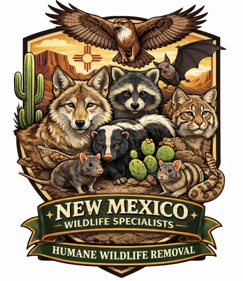 New Mexico Wildlife Specialists badge logo with Zia sun, wildlife and desert