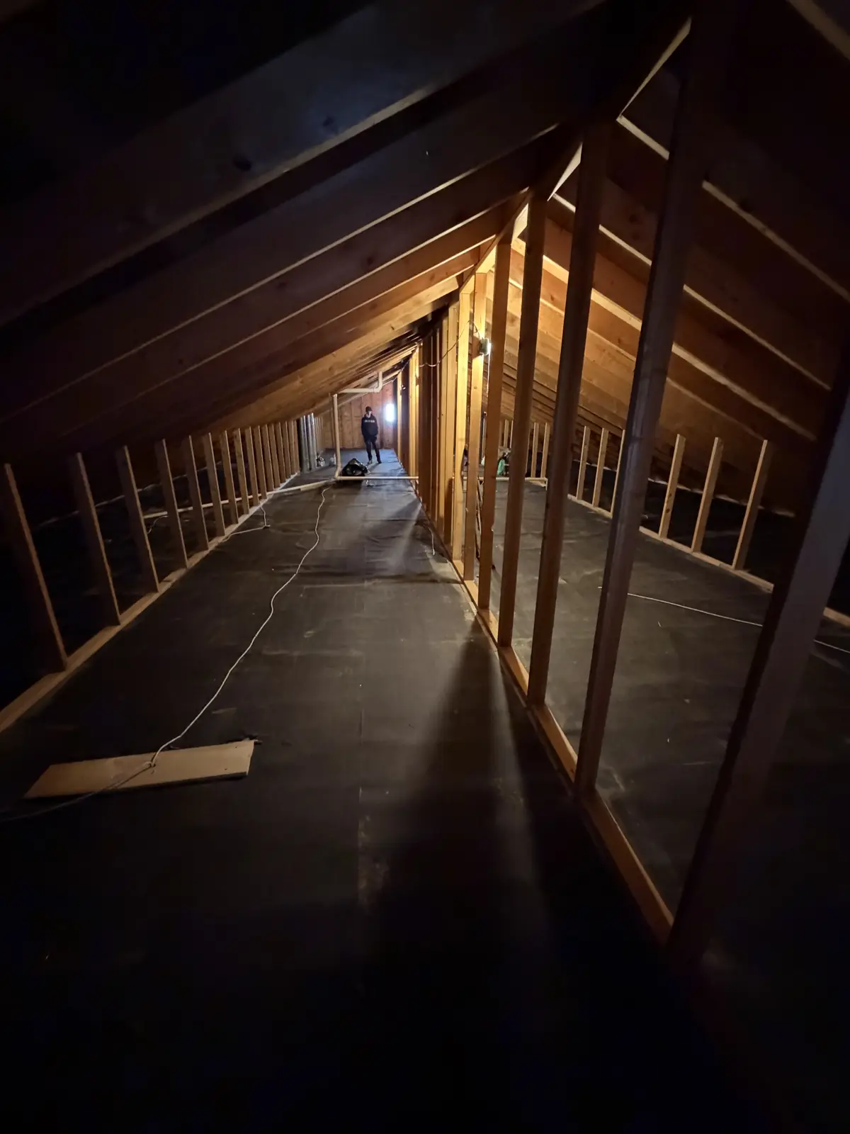 Attic stripped of old insulation, cleaned and ready for sanitizing